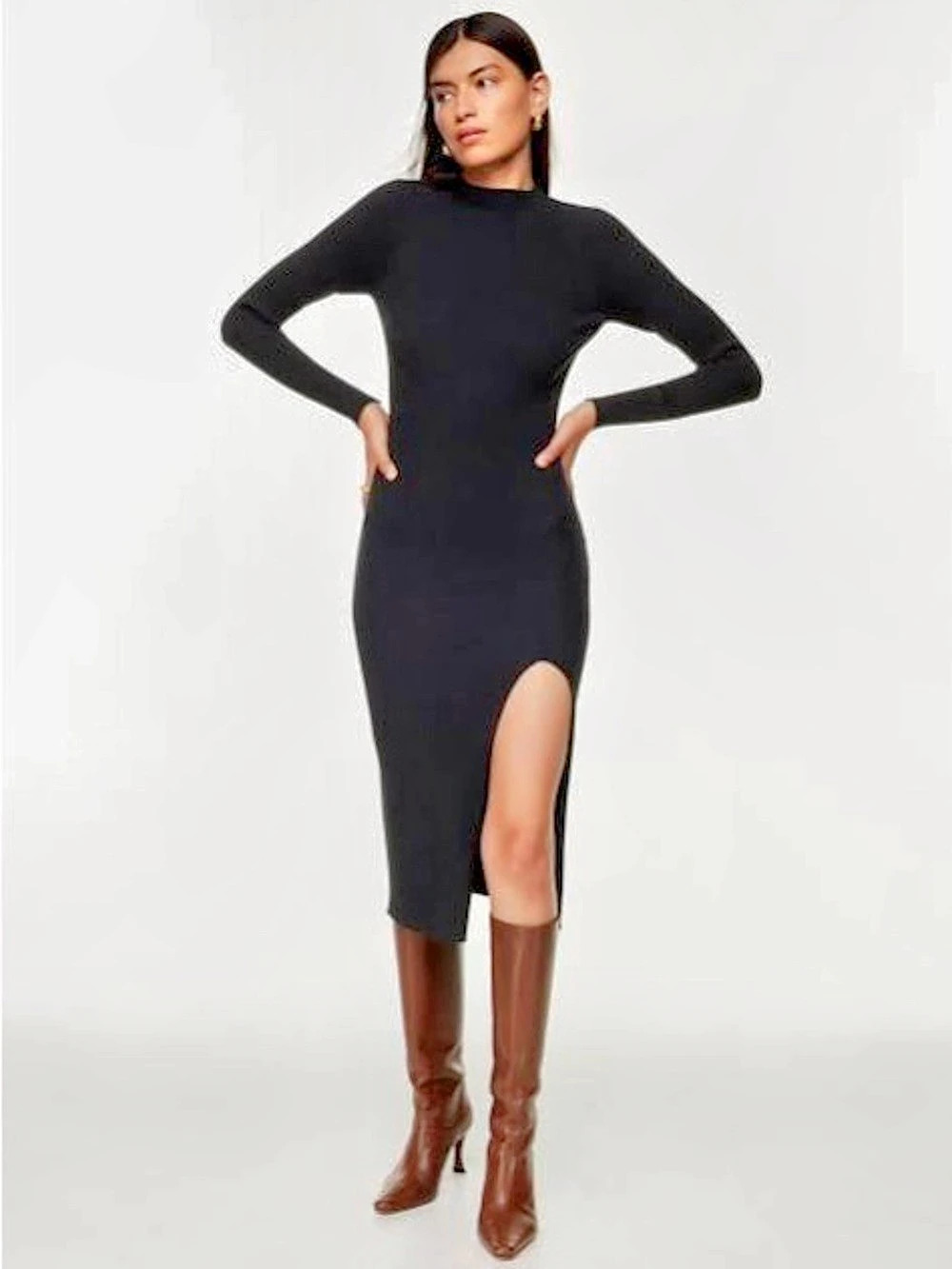 Babaton Original Contour Ethereal Dress Black Ribbed Midi